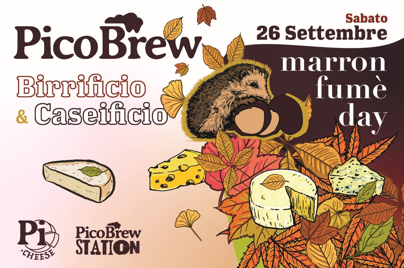 Locandina Marron Fumé Day: Birrificio e Caseificio PicoBrew, sabato 26 settembre, illustrazione di un ghiro tra le castagne e formaggi stagionati