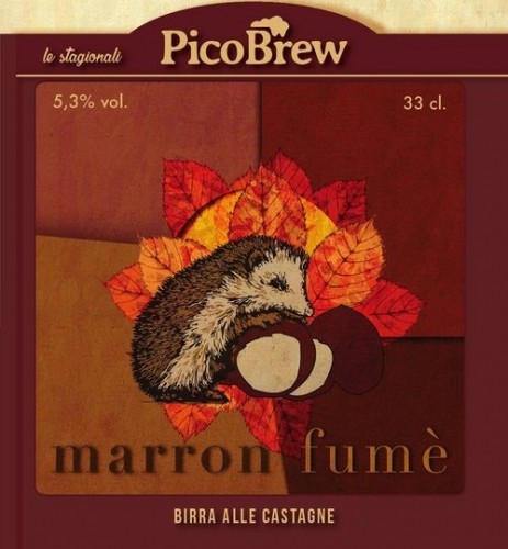 Etichetta della birra Marron Fumé di PicoBrew, birra alle castagne, 5,3% vol, 33 cl